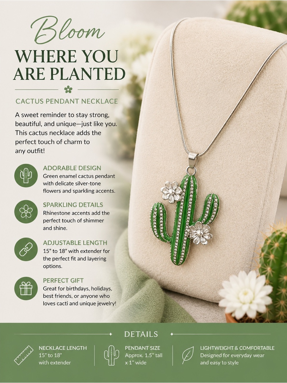paparazzi Green Cactus Pendant Necklace with Silver Flowers